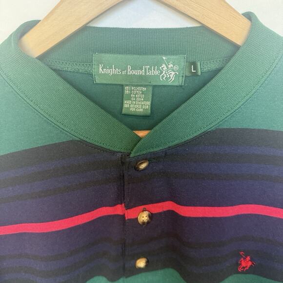 Vintage Knights of the Round Table Mens Striped Henley Polo Size L Rugby Preppy - Picture 2 of 9